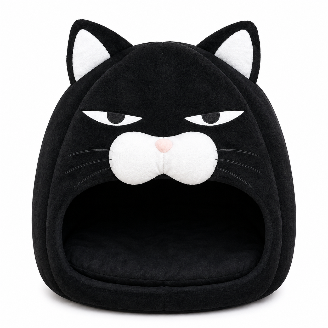 Black cat-shaped pet bed with white accents on a white background
