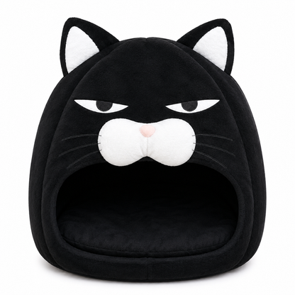 Black cat-shaped pet bed with white accents on a white background