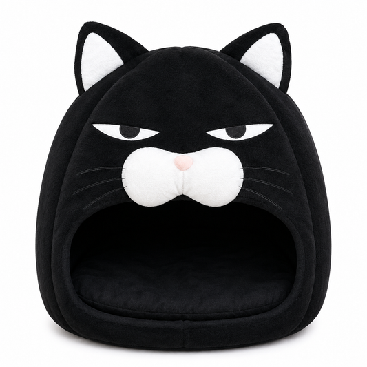 Black cat-shaped pet bed with white accents on a white background