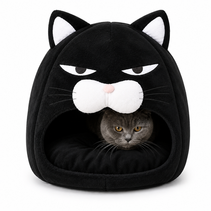 Black cat-shaped pet bed with a gray cat peeking out on a white background