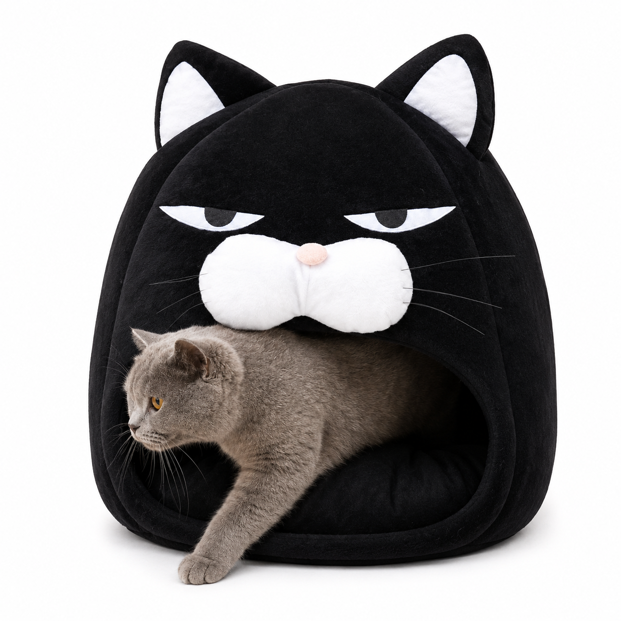 Black cat-shaped pet bed with a gray cat inside on a white background