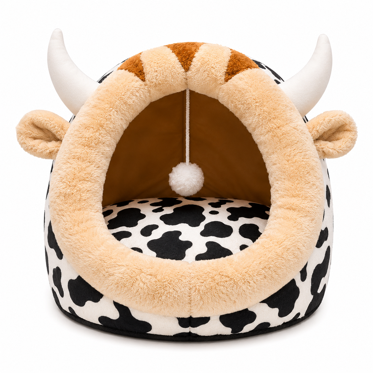 Pet bed with cow print and viking helmet design on a white background
