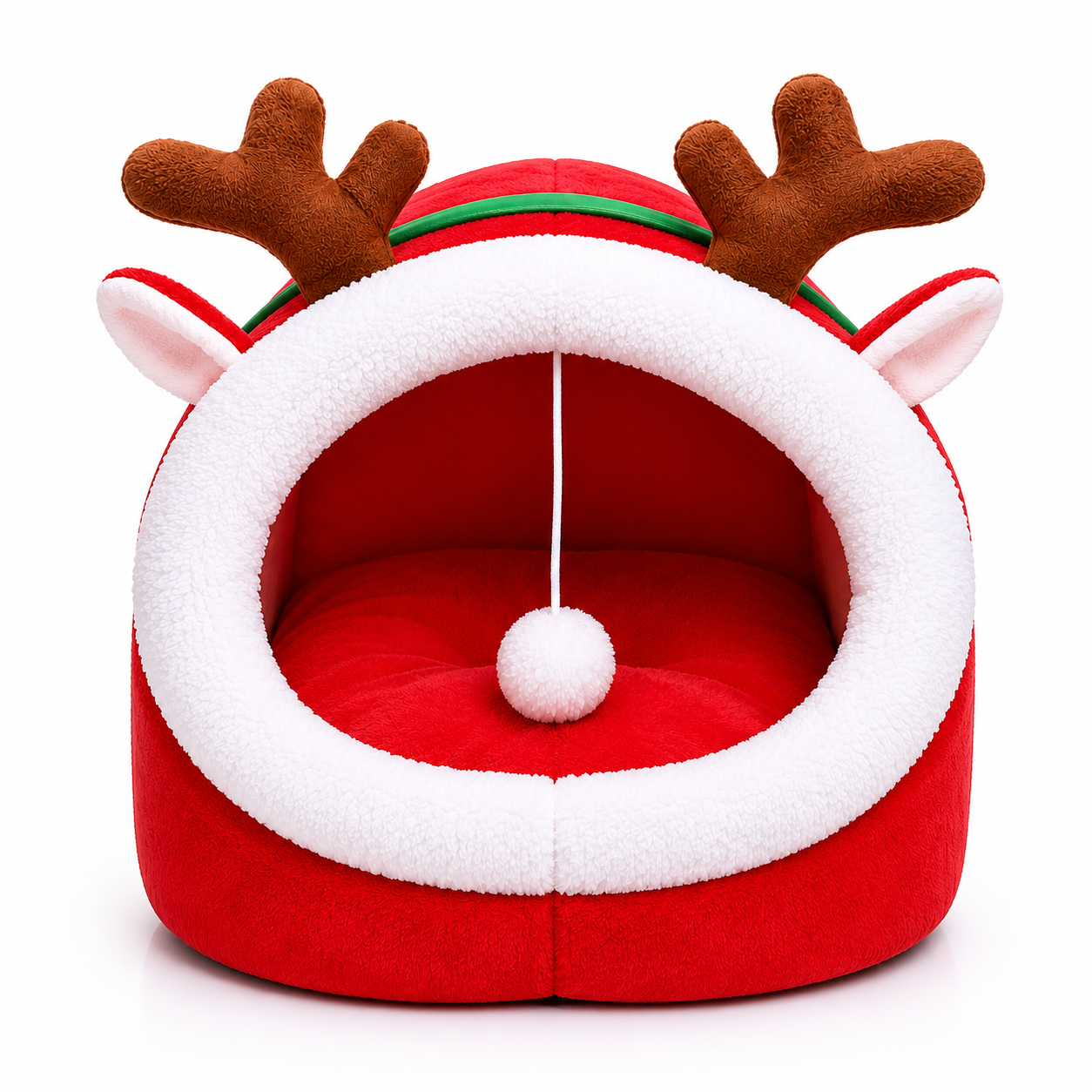 Red pet bed with reindeer antlers and ears on a white background