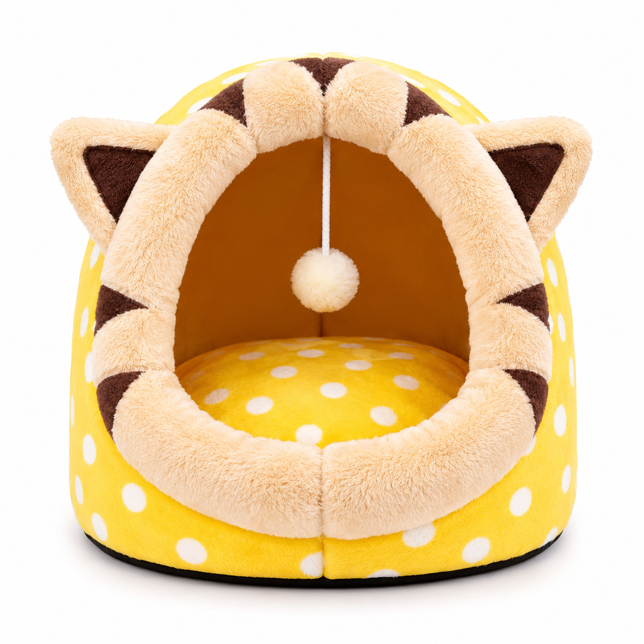 Yellow pet bed with brown accents and a white polka dot pattern on a white background