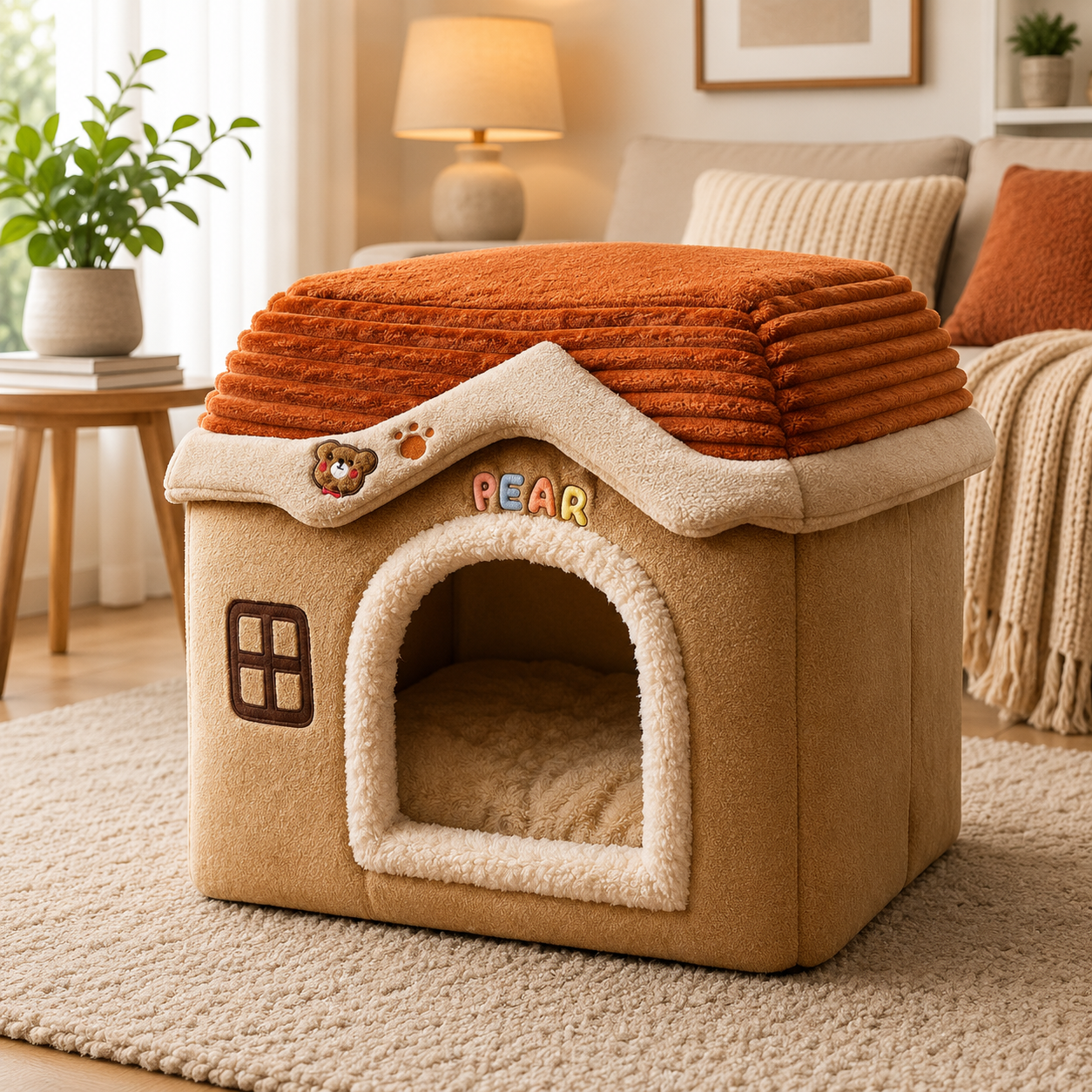 Pet house with a brown roof and beige body in a cozy living room.