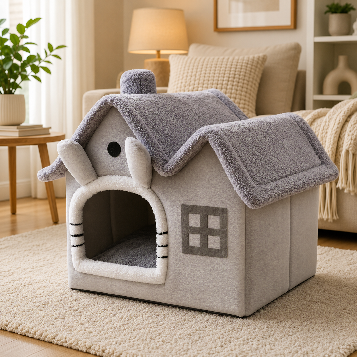 Cat house designed like a cozy house in a living room setting