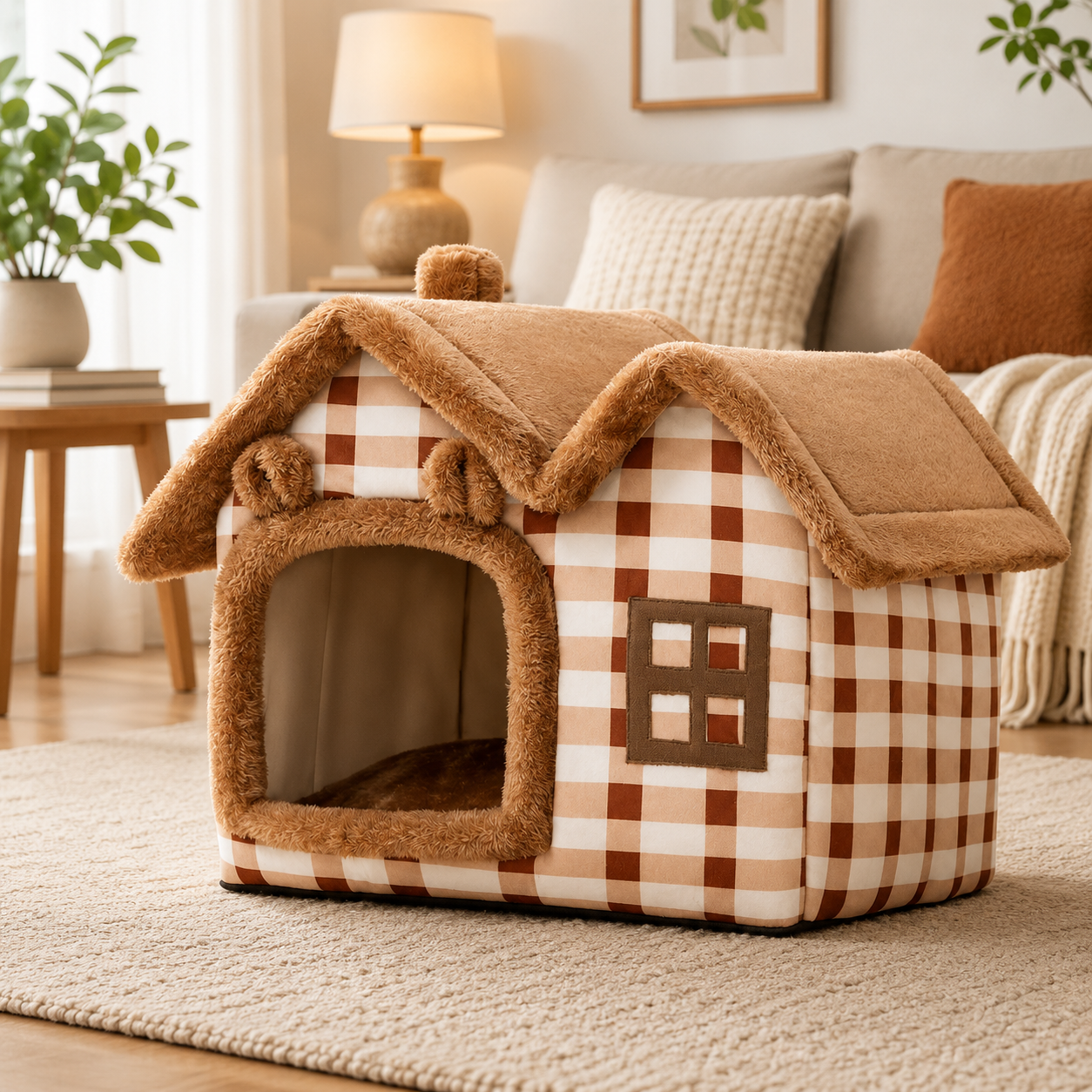 Checkered pet house with checkered pattern in a cozy living room.