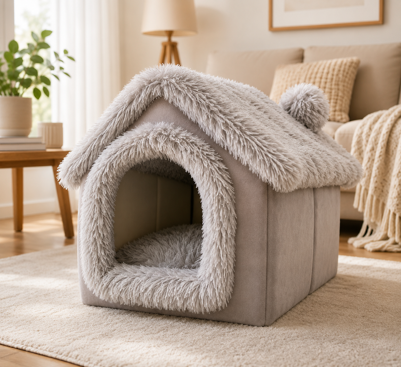 Fluffy pet house in a cozy living room setting