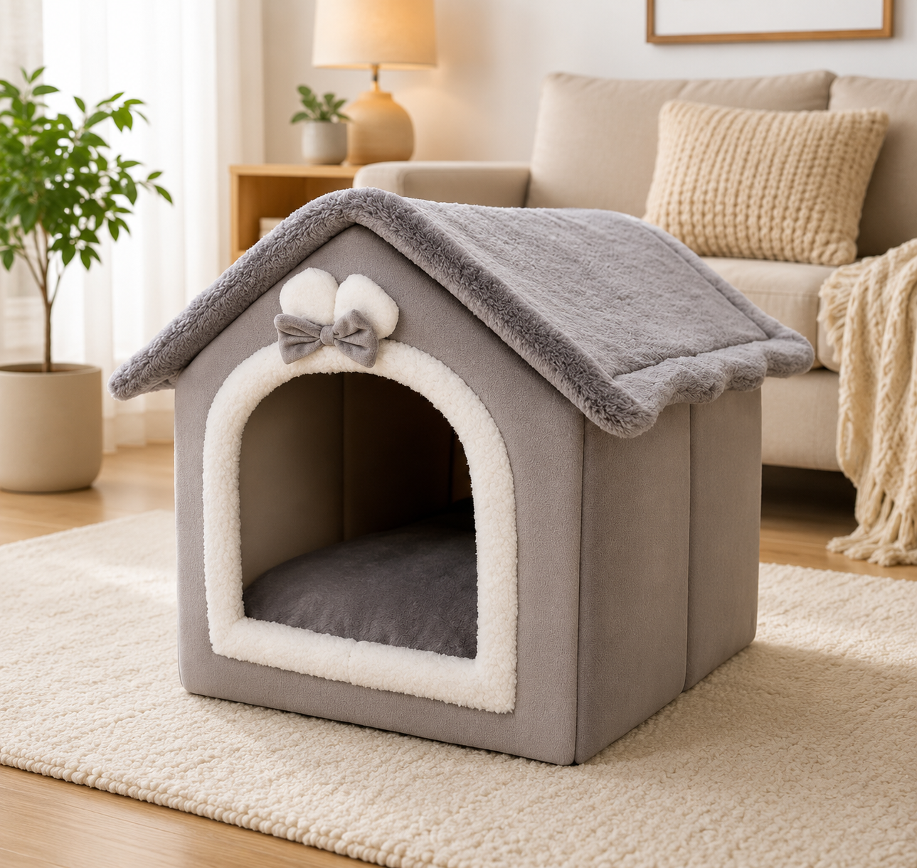 Gray pet house with a bow on a rug in a living room
