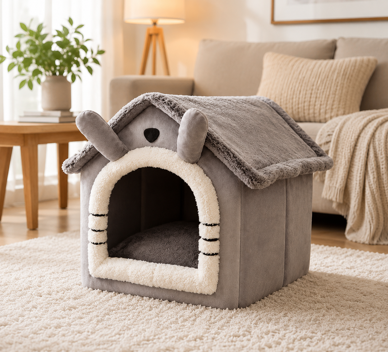 Gray pet house with a sloped roof in a cozy living room.