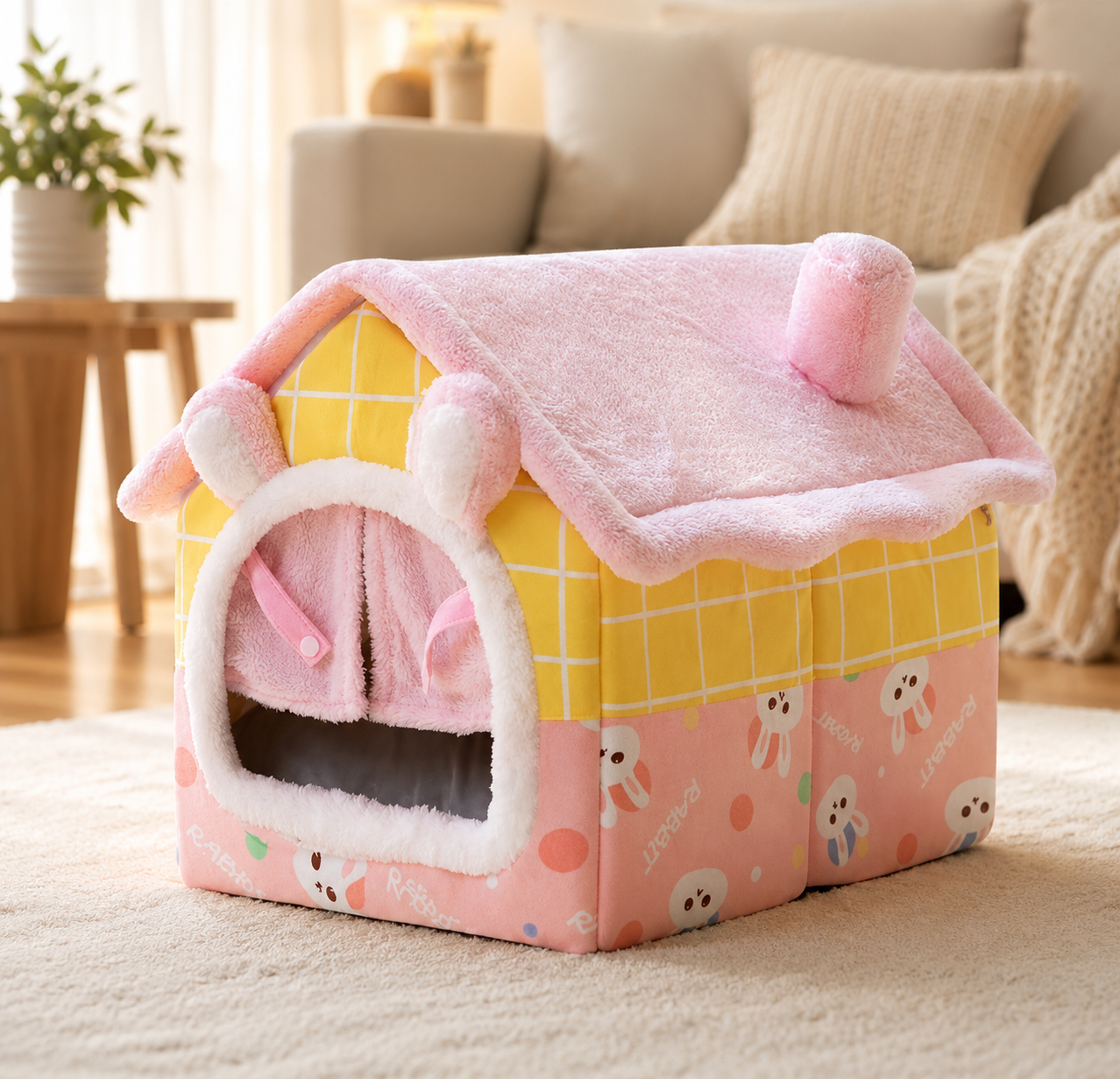Pink and yellow pet house with cartoon designs on a carpeted floor.