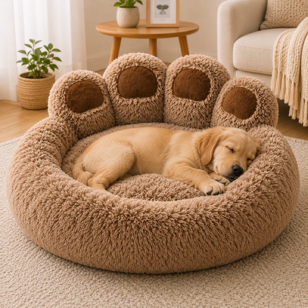 Dog sleeping on a paw-shaped pet bed in a cozy living room.