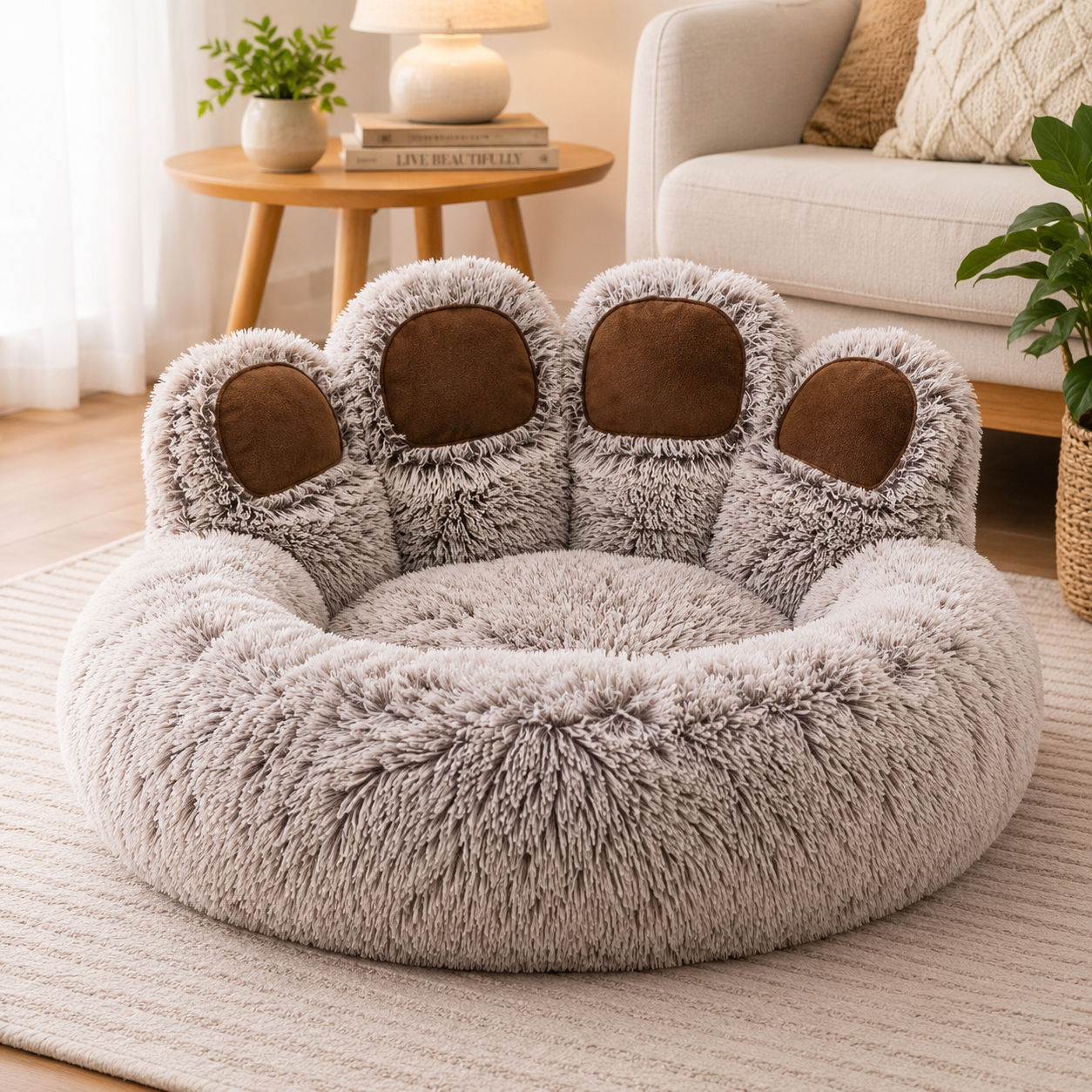Fluffy paw-shaped pet bed in a cozy living room setting