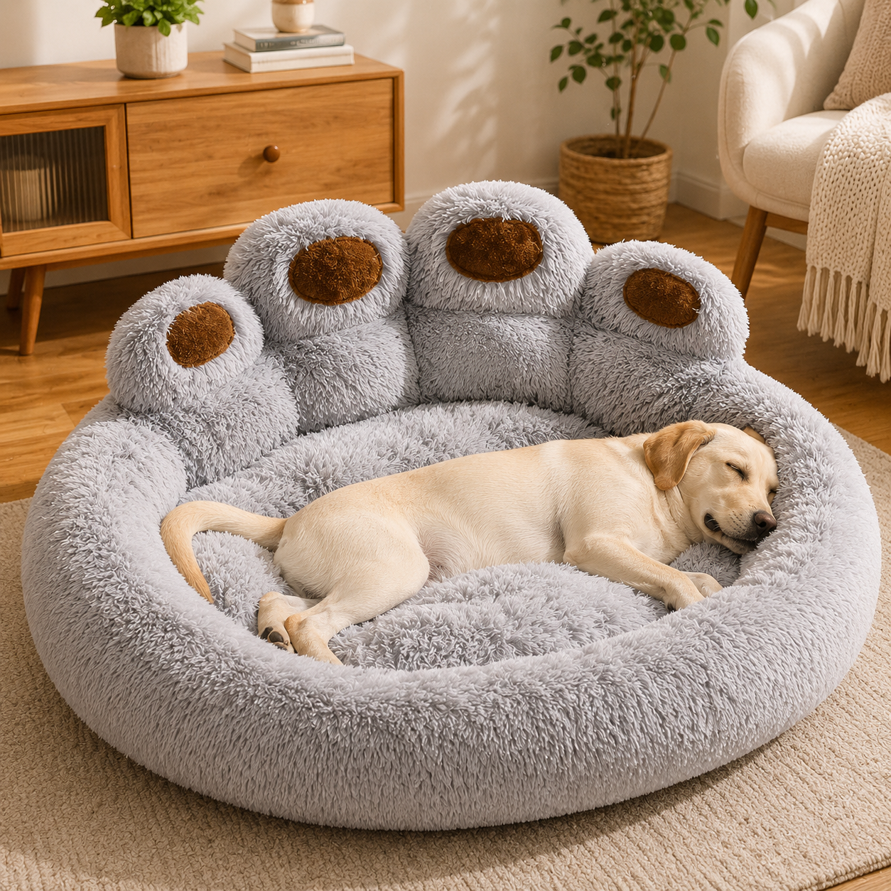 Dog lying on a fluffy gray pet bed in a cozy living room.