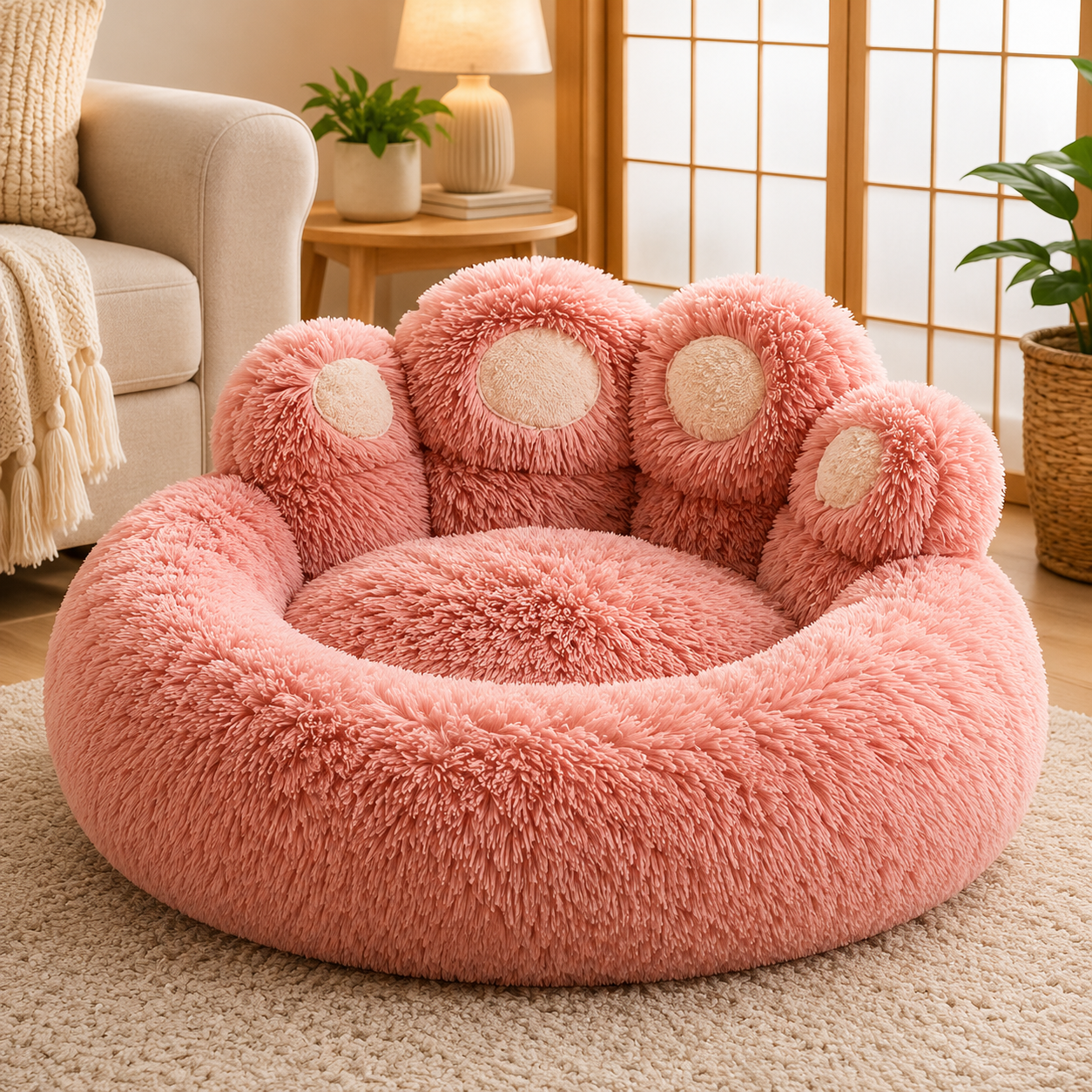 Pink fluffy pet bed with paw design in a cozy living room.