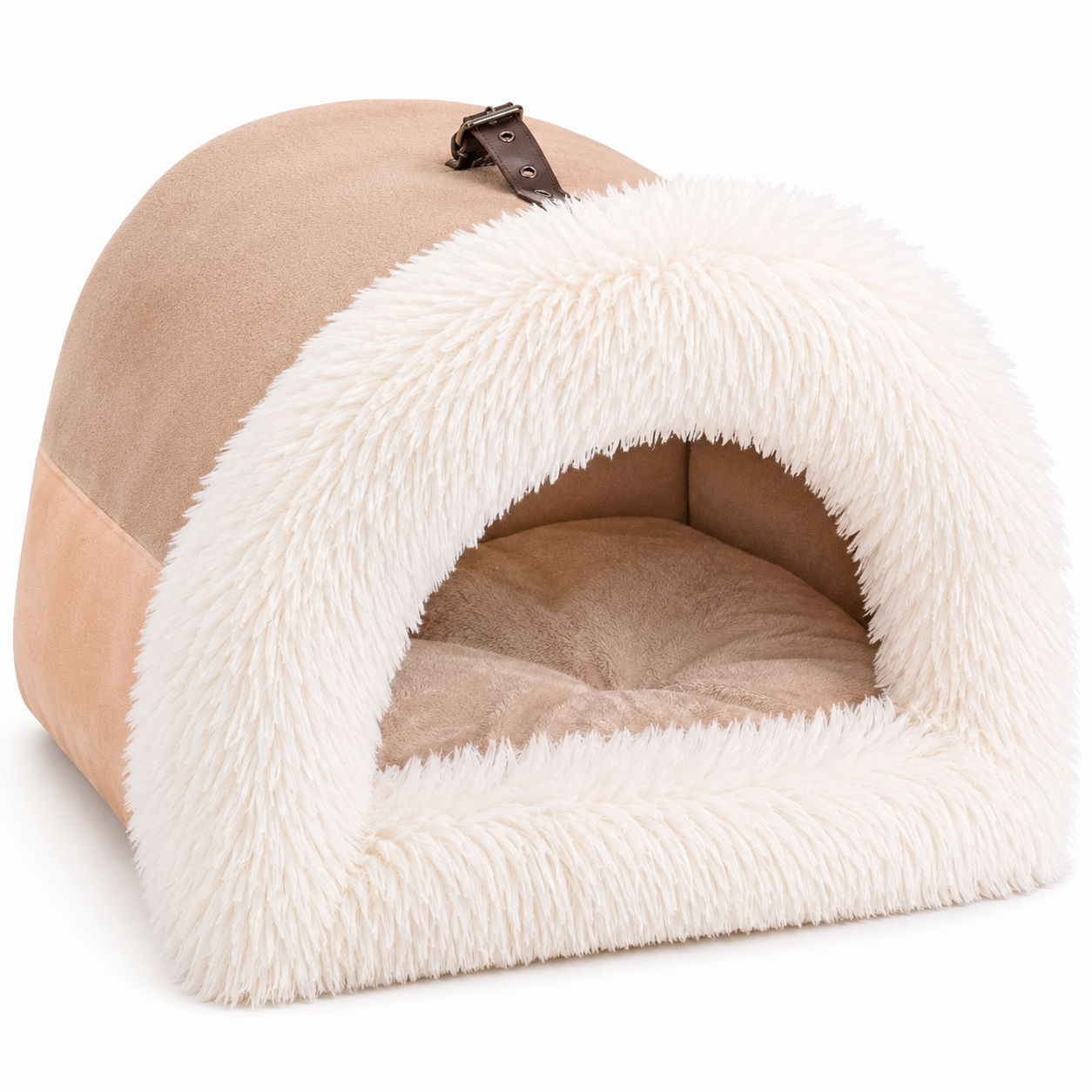 Pet bed with beige exterior and white fluffy interior on a white background