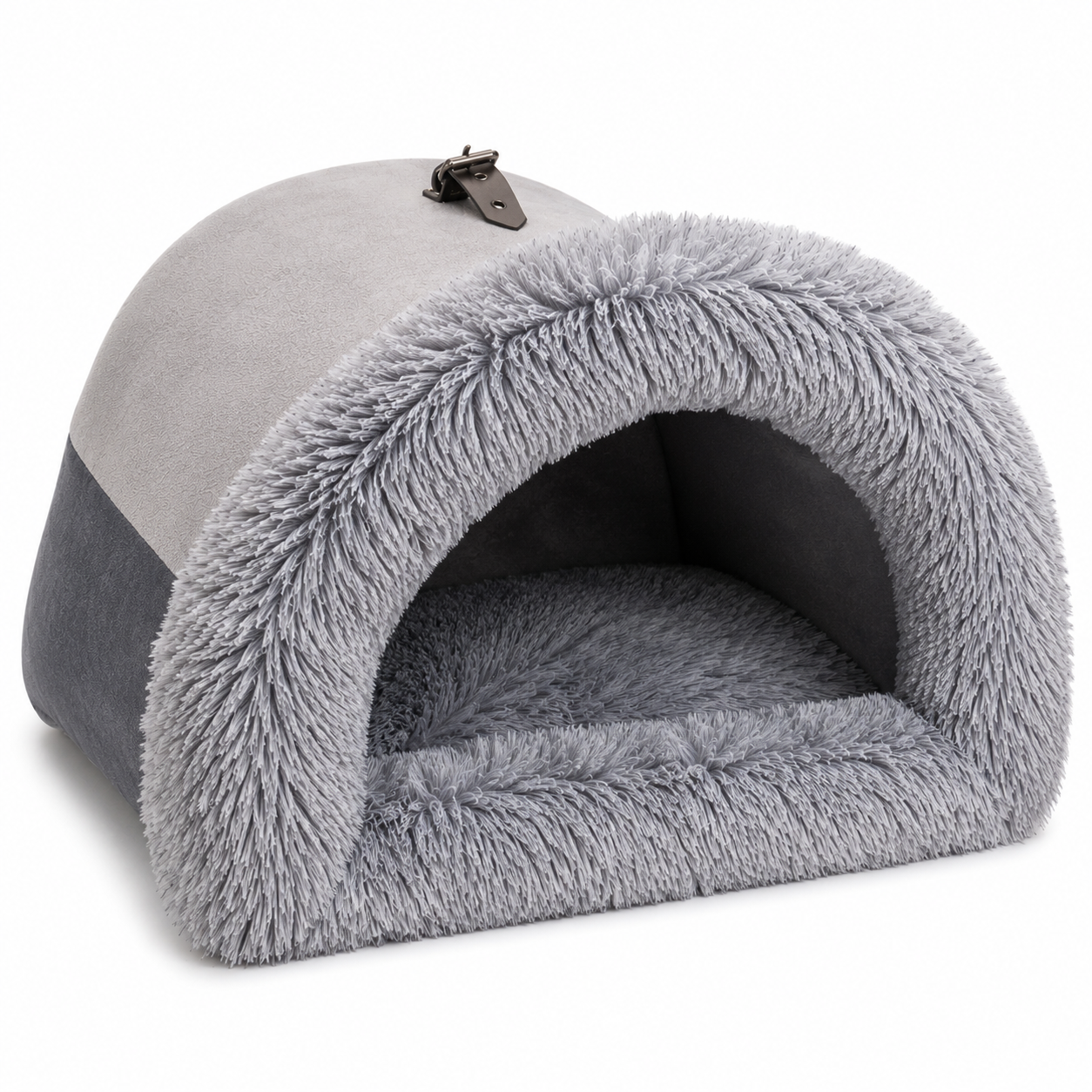 Gray pet bed with fluffy texture on a white background