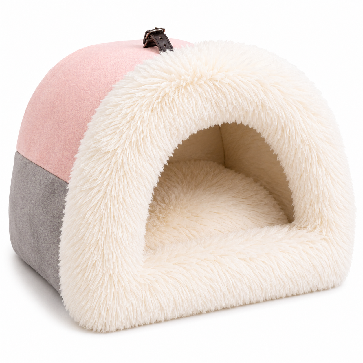 Pet bed with pink, gray, and white design on a white background