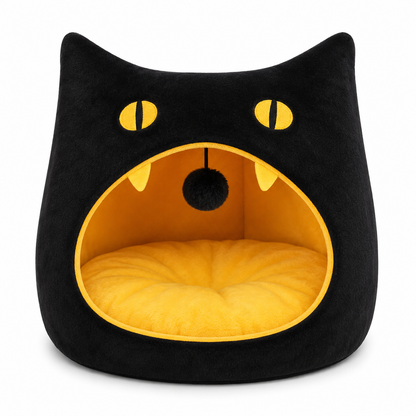 Black cat-shaped pet bed with yellow interior on a white background