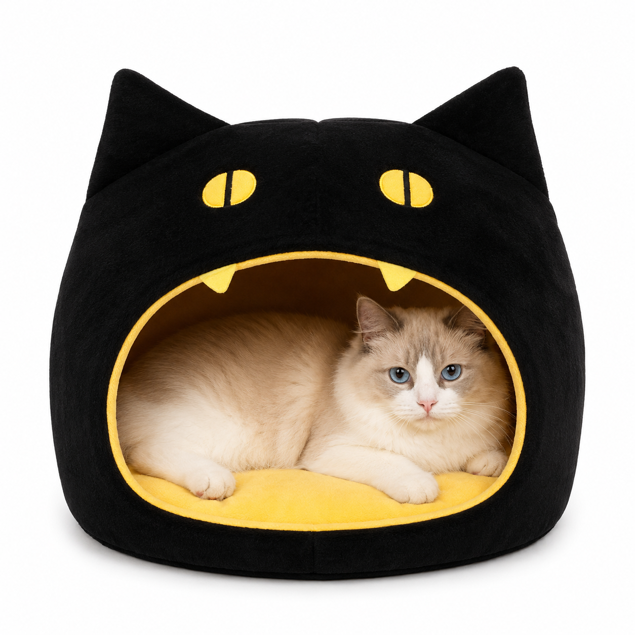 Black cat-shaped pet bed with a cat inside on a white background