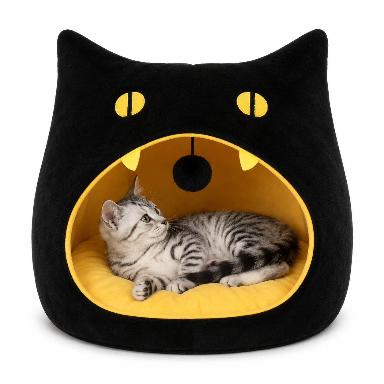 Black cat-shaped pet bed with a yellow interior, featuring a cat inside.