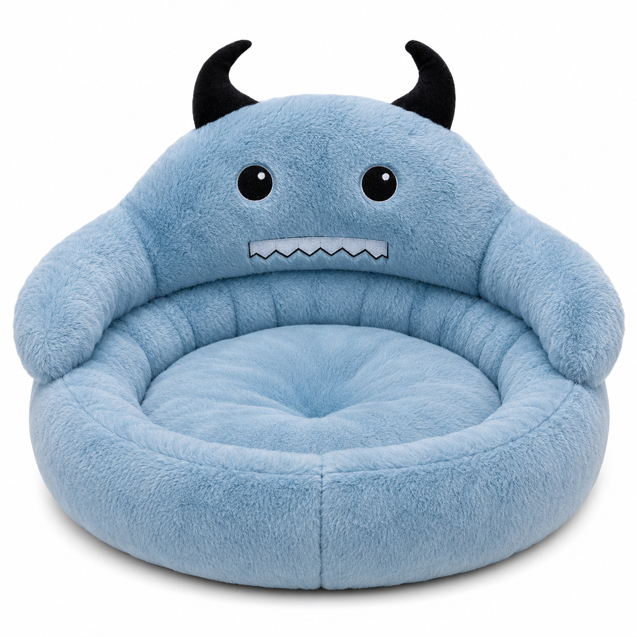 Blue plush monster-shaped chair on a white background