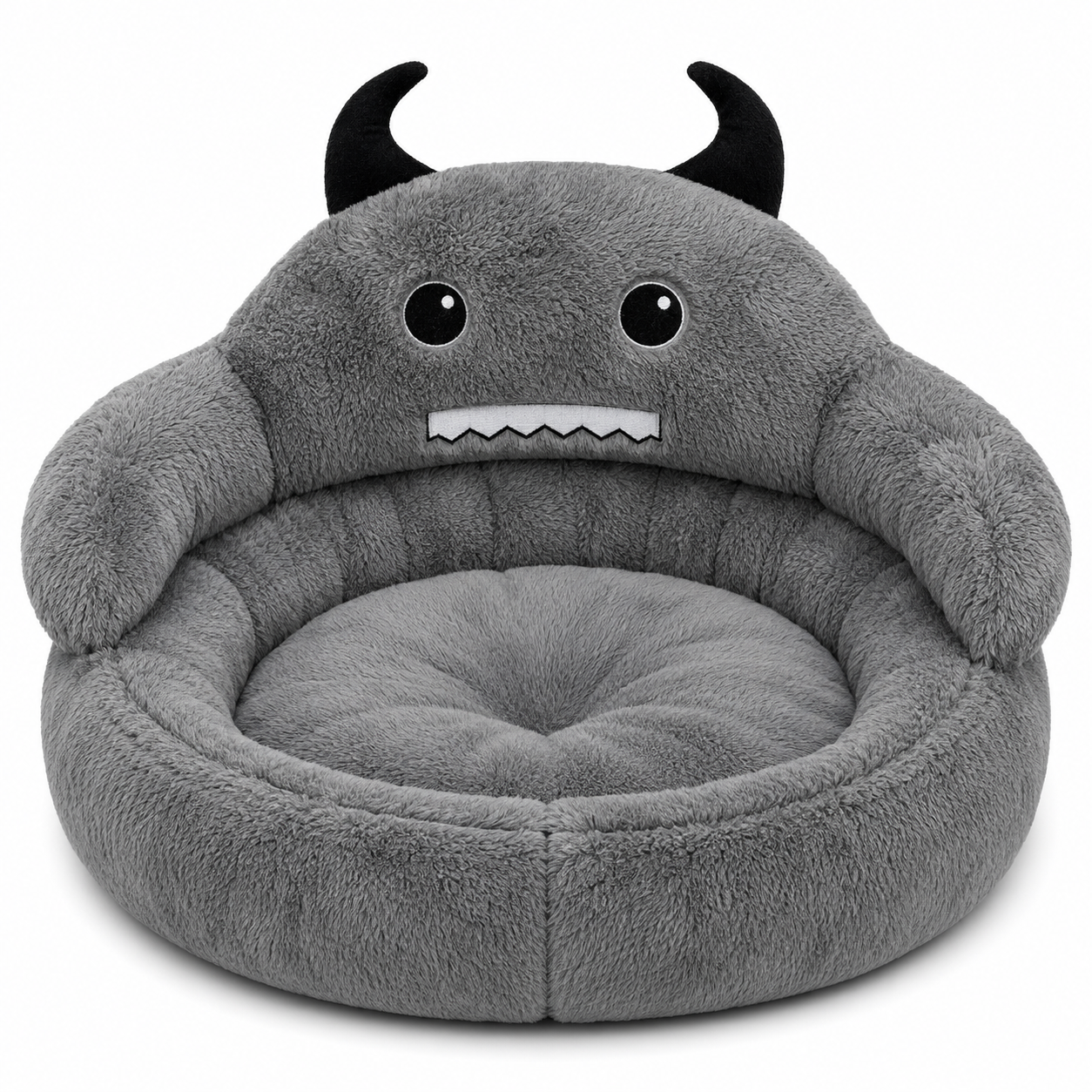 Gray pet bed shaped like a cartoon monster with black horns on a white background